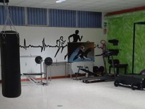福贾Bunker degli inventori的一间带电视和墙壁的健身房