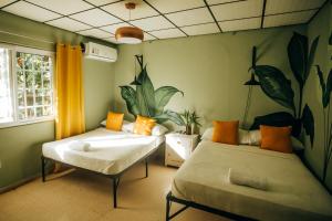 圣地亚哥Hostel Travelers Santiago的墙上挂有植物的房间里设有两张床