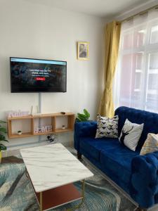 内罗毕Lyshima’s Cozy Studio的客厅配有蓝色的沙发和电视