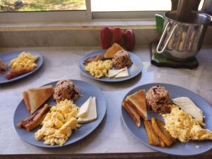 福尔图纳Hotel Campestre Arenal的桌上的四盘早餐食品