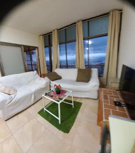 海法Amazing Panorama Bay view 3 room flat的客厅配有白色的沙发和桌子