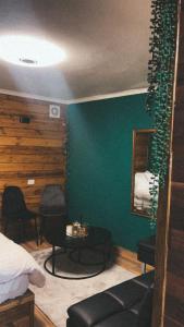 迈季代勒舍姆斯Cozy的一间卧室设有绿色的墙壁、一张床和镜子