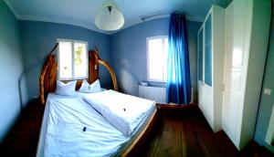 波茨坦Alexandrowka Wohnen im UNESCO Weltkulturerbe Haus的一间卧室配有一张蓝色墙壁的床和两个窗户