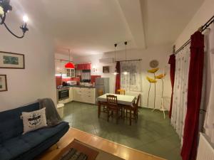 沃尼奥尔茨沃什海吉Villa Elisa的客厅配有沙发和餐桌,厨房配有桌子