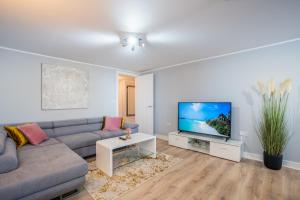 安德沃Charming Apartment In Andover Town Centre 55'' 4K Smart TV Netflix的带沙发和电视的客厅