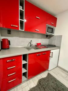 鲁容贝罗克Apartmán Klaudia的红色的厨房,配有水槽和红色橱柜