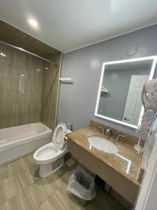 伯灵顿皇家酒店的浴室配有盥洗盆、卫生间和浴缸。