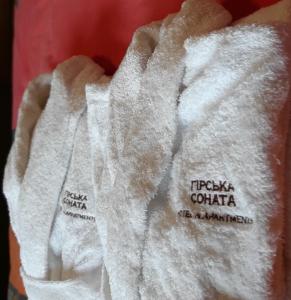 米库利钦Apartments Girska Sonata的贴上标签的白毛巾的贴近