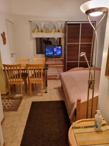 OulunsaloApartment Oulu Varjakka的客厅配有一张床和一张桌子及一台电视