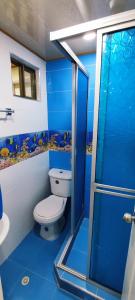 波哥大Aparta estudio cerca al aeropuerto espectacular的蓝色的浴室设有卫生间和淋浴。