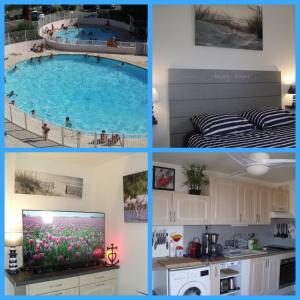 勒格罗-迪鲁瓦Appartement T2, Climatisé, 3 étoiles, 40m2 ,parking privé, Mer 300m, Wifi, Piscines, très propre, Ascenseurs, en étage的游泳池四张照片的拼合物