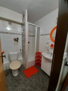 兹诺伊莫思蒂旅馆的浴室配有卫生间、淋浴和盥洗盆。