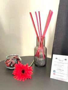 都灵Best Quality Hotel Dock Milano的一张带花瓶的桌子,上面有红花和棍子