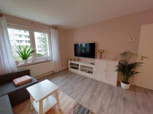 萨勒河畔哈雷Helles modern eingerichtetes Apartment的客厅配有白色橱柜上的平面电视