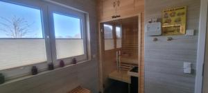 格洛韦Haus Kliffblick的一间带窗户和步入式淋浴间的浴室