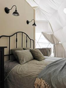 考斯赛力克Glamp Siedlisko Kościelisko的一间卧室配有一张带两个灯的床