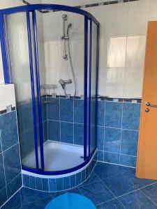 巴登-巴登纳塔利莱瑟民宿 的浴室设有蓝色瓷砖和淋浴。