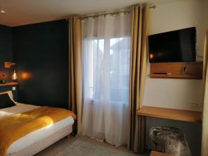 克拉马VILLA VOLTAIRE的一间卧室设有一张床和一个带电视的窗户。