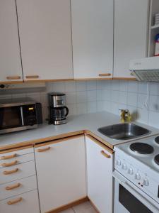 奥卢Viihtyisä yksiö Oulun Tuirassa的白色的厨房配有水槽和微波炉
