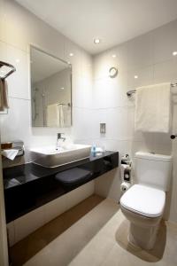 伦敦伦敦温布利假日酒店的一间带水槽、卫生间和镜子的浴室
