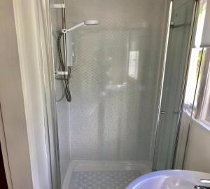 Newton PopplefordSecret Chalet的水槽旁的玻璃门淋浴