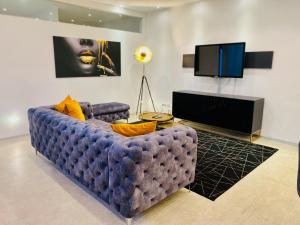 纽伦堡GoHo Studio No° 30 (Gostenhof)的客厅配有蓝色的沙发和电视