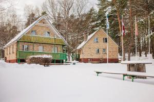 里加LAKE HOUSE的雪中的房子,带长凳和旗帜