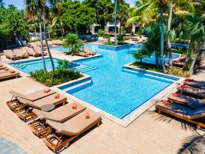 威廉斯塔德Zoetry Curacao的享有带躺椅和棕榈树的游泳池的顶部景致