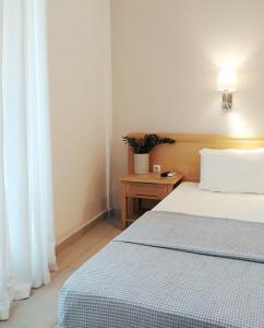 莱夫基米Alykes Family Resort的一间卧室配有一张床和一张植物桌子