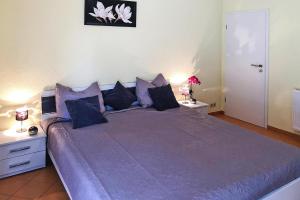 SommersdorfApartments along Kummerower See, Sommersdorf的一间卧室配有一张大床,提供紫色床单和枕头