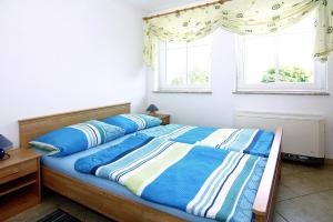 阿尔滕基兴Apartments Jeske Altenkirchen的一间卧室配有一张带蓝色床单的床和两个窗户。