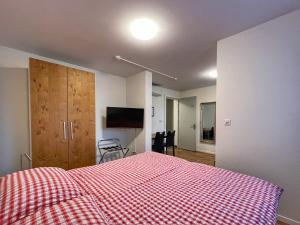 RheineckHotel Hecht的一间卧室配有一张带红 ⁇ 子毯子的床