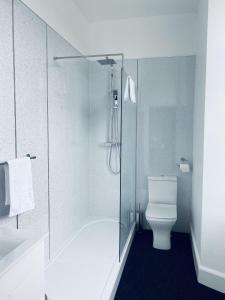 基尔马诺克The Portmann Hotel的一间带玻璃淋浴和卫生间的浴室