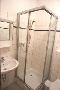 哈泽斯莱乌Pinnebergheim的带淋浴和盥洗盆的浴室