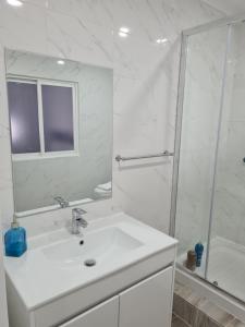塞图巴尔Casa do Mestre的白色的浴室设有水槽和淋浴。
