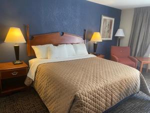 芒特艾里Andy Griffith Parkway Inn的酒店客房带一张大床和一把椅子