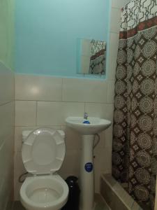 危地马拉HOTEL EL EDEN的一间带卫生间、水槽和镜子的浴室