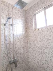 莫阿尔博阿Bernis Hostel的带窗户的浴室内的淋浴间