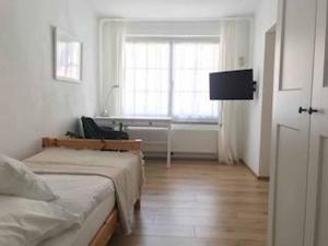 多瑙河畔克雷姆斯Gästehaus Lurger的一间卧室设有一张床、一个窗口和一台电视