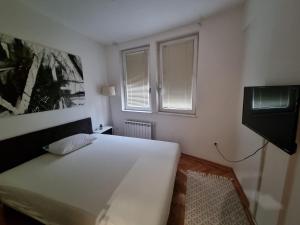 弗拉涅Apartman Veselinovic Free PARKING的卧室设有一张白色大床和一扇窗户。