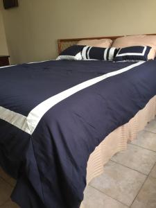 钱吉诺拉Apartamento Cacao Changuinola的床上有蓝色和白色的毯子