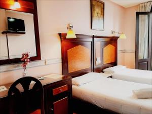 萨拉曼卡Hosteria Sara by gaiarooms的酒店客房设有两张床、一张桌子和一张书桌。