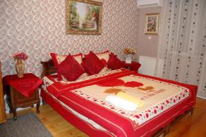 库塔伊西Excellent Hostel Kutaisi的一间卧室配有一张带红色枕头的大床