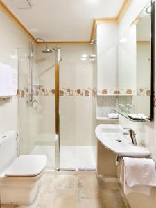 德尼亚罗莎酒店的带淋浴、卫生间和盥洗盆的浴室