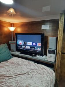 莱斯特Adorable private suite with free street parking的一间卧室设有平面电视和一张床。
