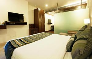 新德里The Grand Vikalp By Saga Hotels的一间卧室配有一张大床和电视