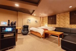 各务原市犬山ドルフィンリゾート各務原店-大人専用-的一间卧室配有一张床、一台电视和一张沙发