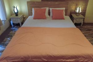 特贾库拉Pranajaya Villa at Desa Wisata Tejakula的卧室配有一张带橙色床单和枕头的大床。