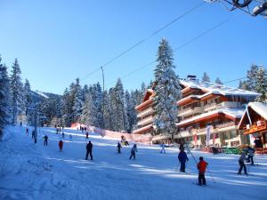 波罗维茨Musala Hotel的一群人在滑雪小屋附近滑雪