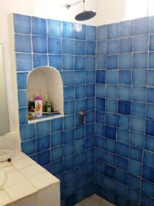 菲利库迪岛Villa Vista Mare a Filicudi的蓝色瓷砖浴室设有蓝色瓷砖墙